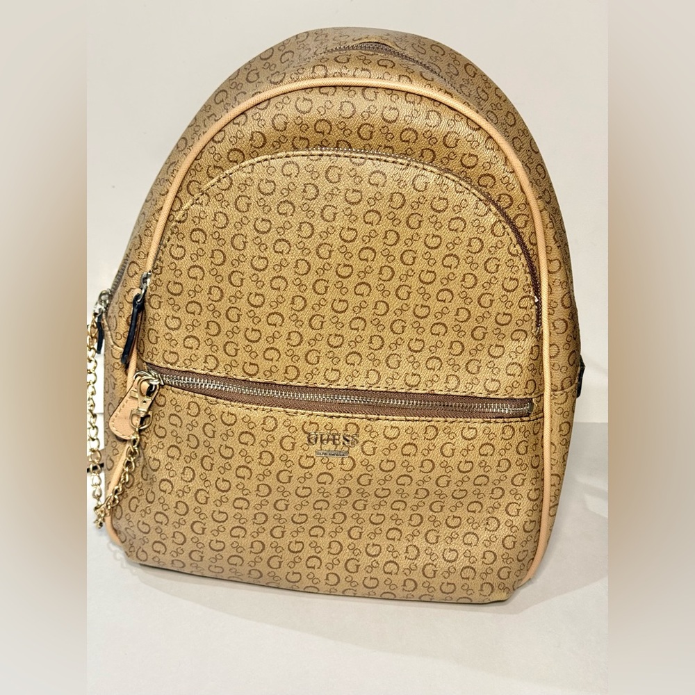 Guess Brown Tan Monogram Pattern Mini Backpack Pu… - image 2
